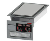 A rectangular stainless steel drop-in cooktop for commercial cooking equipment, featuring dual front-facing control knobs labeled Front and Rear. The smooth induction plancha surface sits above a vented panel, with the CookTek brand visible above the knobs.