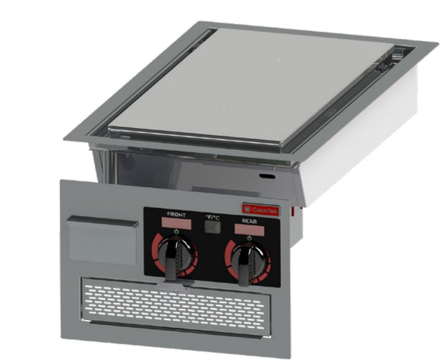 A rectangular stainless steel drop-in cooktop for commercial cooking equipment, featuring dual front-facing control knobs labeled Front and Rear. The smooth induction plancha surface sits above a vented panel, with the CookTek brand visible above the knobs.