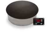 A round stainless steel Drop-in Induction Buffet warmer with a smooth black top surface is shown beside a digital control panel featuring a small red LED display, four buttons, and labeled indicators for power, heating/temperature, and lock functions.