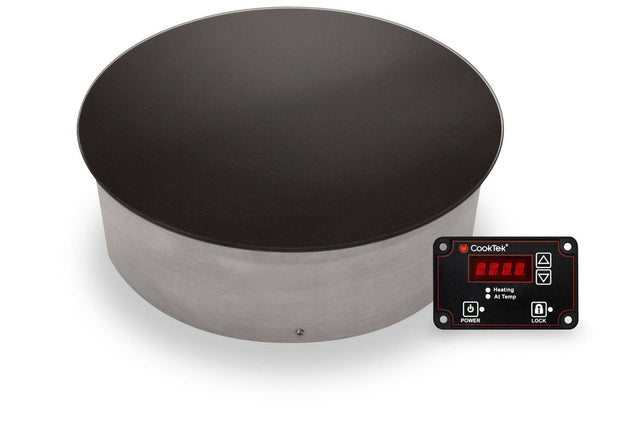 A round stainless steel Drop-in Induction Buffet warmer with a smooth black top surface is shown beside a digital control panel featuring a small red LED display, four buttons, and labeled indicators for power, heating/temperature, and lock functions.