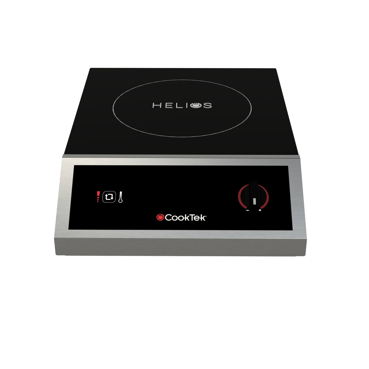 A black and silver CookTek Helios Induction Cooktop with stainless steel housing features a digital control panel, round HELIOS-marked surface, temperature icons on the left, and a red power dial on the right; set against a white background.