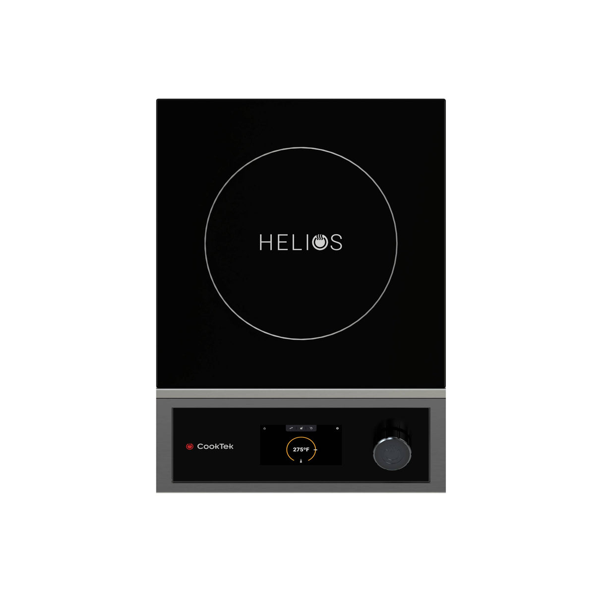 A modern black induction cooktop with a single burner, labeled “HELIOS” at the center. Featuring a portable design, the cooktop includes a digital control panel with 275°F displayed, a round knob, and red power indicator. Background is plain white.