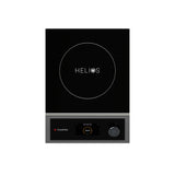 A modern black induction cooktop with a single burner, labeled “HELIOS” at the center. Featuring a portable design, the cooktop includes a digital control panel with 275°F displayed, a round knob, and red power indicator. Background is plain white.