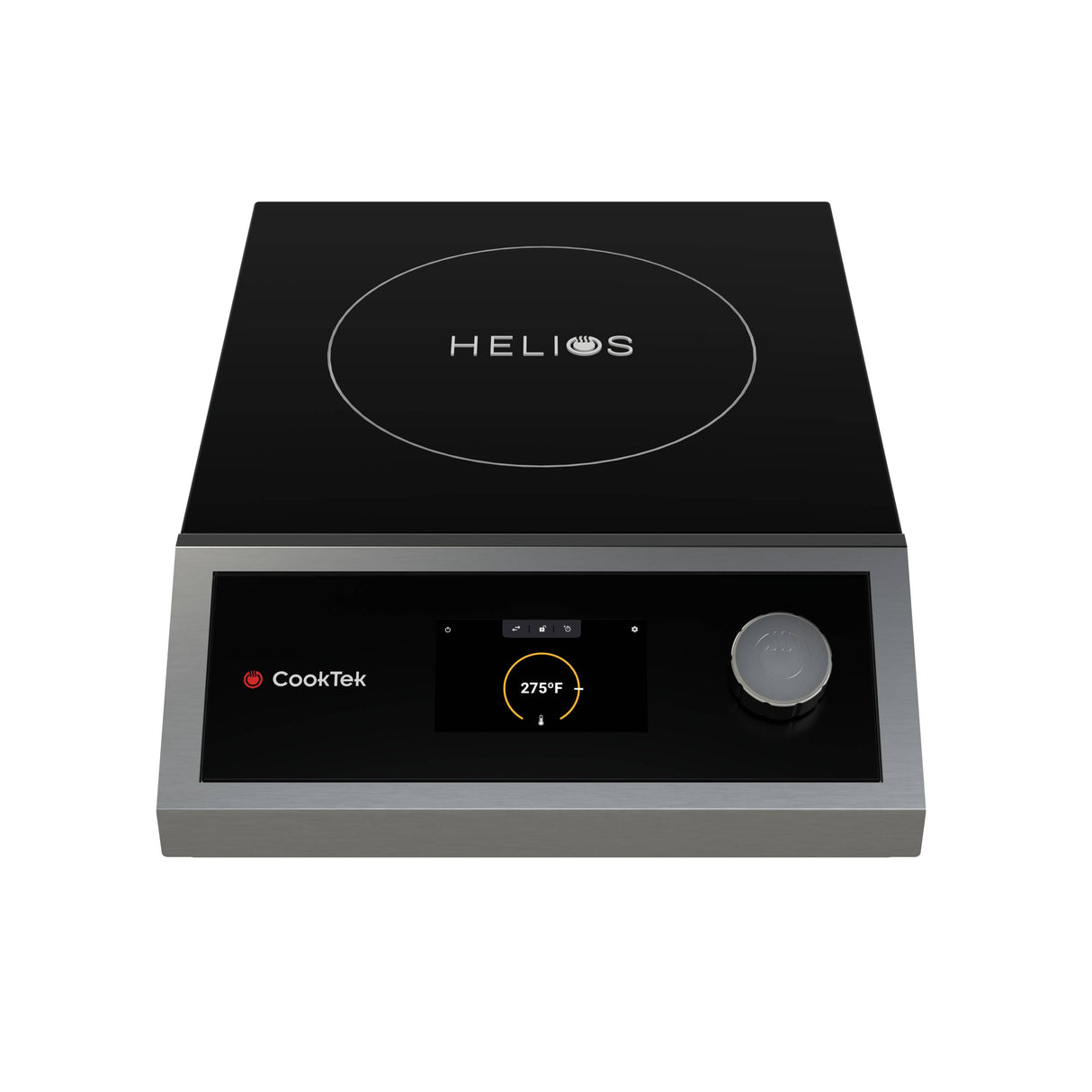 A black and silver portable induction cooktop features a circular cooking area labeled “HELIOS.” Its countertop design includes a digital display showing “275°F,” a single rotary knob, and a red “CookTek” logo on the control panel.