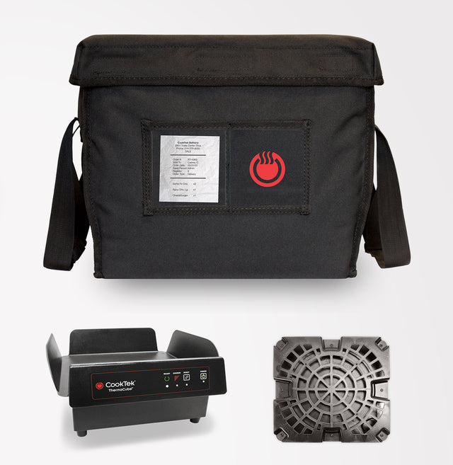 A black insulated food delivery bag with a shoulder strap, clear label pocket, and red hot food icon is shown above two devices: an induction charger-powered portable heating unit and a black vented plastic tray from the ThermaCube Delivery System.