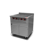 A stainless steel electric stove with a four hob design, each burner controlled by a red and black knob on the front panel. Ideal for a commercial kitchen, it features a lower cabinet, four wheels, and a small backsplash. The background is plain white.
