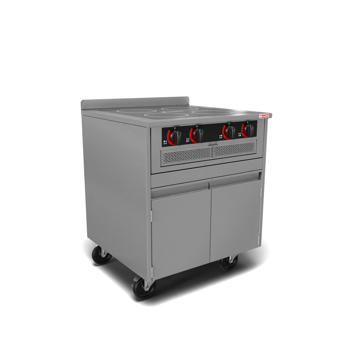 A commercial-grade stainless steel electric stove designed for a busy commercial kitchen, featuring four hob controls with red markings, two cabinet doors below, ventilation grilles, and four wheels. The induction cooktop is photographed against a plain white background.