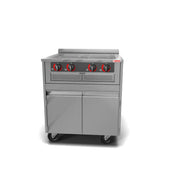 A stainless steel commercial kitchen electric stove with a four hob induction cooktop, four red and black control knobs, a vented panel, double cabinet doors below, and four caster wheels for mobility, set against a plain white background.