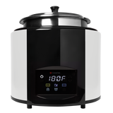 A black and white electric countertop cooker with a digital display showing 180°F. The front panel has touch buttons for power, lock, temperature, and programmable stir notification. A stainless steel soup tureen sits in the top compartment. Background is plain white.