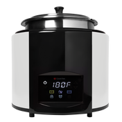 A black and white electric countertop cooker with a digital display showing 180°F. The front panel has touch buttons for power, lock, temperature, and programmable stir notification. A stainless steel soup tureen sits in the top compartment. Background is plain white.