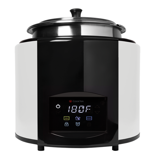 A black and white electric countertop cooker with a digital display showing 180°F. The front panel has touch buttons for power, lock, temperature, and programmable stir notification. A stainless steel soup tureen sits in the top compartment. Background is plain white.