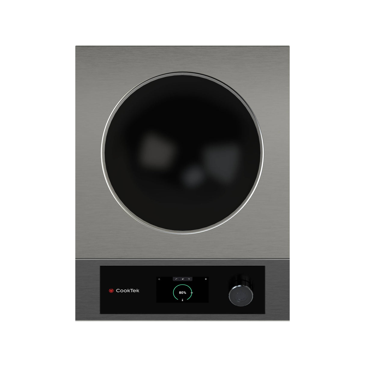 A stainless steel, portable induction cooktop with a circular black cooking surface, 2500 watts of power, a digital display showing “80%,” single control knob, and CookTek branding, all set against a plain white background.