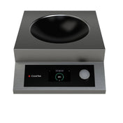 A stainless steel CookTek MW3500G induction wok features a black circular induction area, digital display showing “80%”, round control knob, and CookTek logo—all designed as a portable countertop device against a white background.