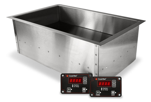 A rectangular stainless steel CookTek SinAqua drop-in food well with a deep interior. In front are two digital control panels displaying temperature and heating indicators, each labeled “CoolTek” with power, temp, and lock buttons and red LED screens.