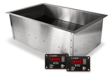 A rectangular stainless steel CookTek SinAqua drop-in food well with a black interior, shown with two digital control panels featuring red LED temperature displays, labeled buttons, and prominent “CookTek” branding on a white background.