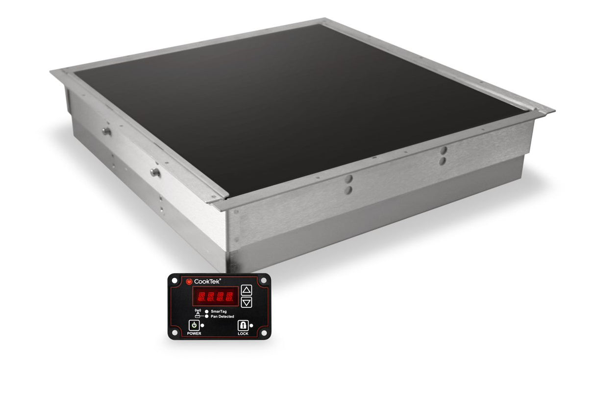 A rectangular, flat, metallic CookTek under-countertop induction cooling unit with a smooth black top is shown. Below it, a small black electronic control panel with buttons, digital display, and indicator lights is featured.