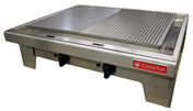 The CookTek Induction Plancha is a stainless steel countertop grill with two control knobs, featuring a flat griddle surface on the left and a ridged grill surface on the right. The red CookTek logo adorns the front right corner of its modern, sturdy design.