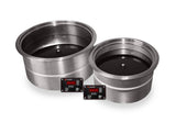 Two circular stainless steel CookTek SinAqua induction hot food well containers with black lids are shown side by side, one larger than the other. Each features a small digital control panel with red LED numbers and labeled buttons. The background is white.