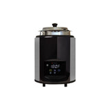 A modern electric cooker with a stainless steel body, black front panel, digital display showing “180°F,” and touch control buttons. It features an adjustable temperature setting and a glass lid with a black handle, set against a plain white background.