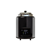 A modern electric cooker with a stainless steel body, black front panel, digital display showing “180°F,” and touch control buttons. It features an adjustable temperature setting and a glass lid with a black handle, set against a plain white background.