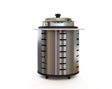 A modern stainless steel soup tureen, this cylindrical kitchen appliance features vertical slits, black feet, and a transparent lid with a black knob. Its sleek design stands out on any white surface.