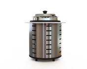 A tall, cylindrical stainless steel soup tureen with vertical cut-out slots and four short feet. A metal lid with a black knob sits on top. The plain white background highlights the holder’s shiny, reflective surface.