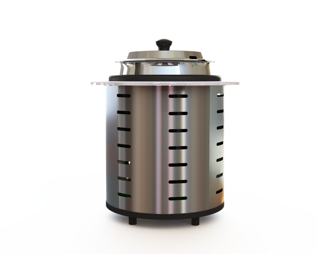 A tall, cylindrical stainless steel soup tureen with vertical cut-out slots and four short feet. A metal lid with a black knob sits on top. The plain white background highlights the holder’s shiny, reflective surface.