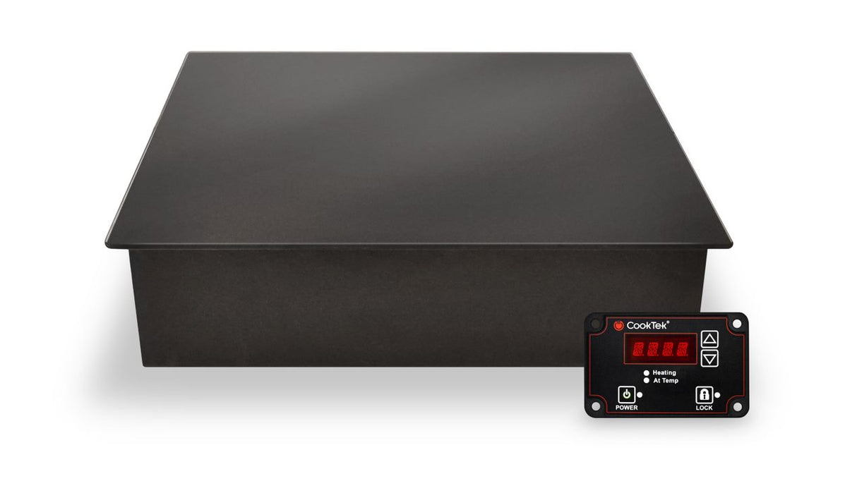A black, rectangular CookTek Induction Buffet warmer with a sleek, flat surface. In front, a separate digital control panel displays red LED numbers and buttons for power, temperature, and locking. The background is plain white.
