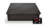 A black, rectangular CookTek Induction Buffet warmer with a sleek, flat surface. In front, a separate digital control panel displays red LED numbers and buttons for power, temperature, and locking. The background is plain white.