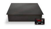 A black rectangular Induction Buffet warmer with a flat tempered glass top. Next to it is a small black control panel featuring a red digital display, arrow buttons, and labeled buttons for power and lock functions. The background is plain white.
