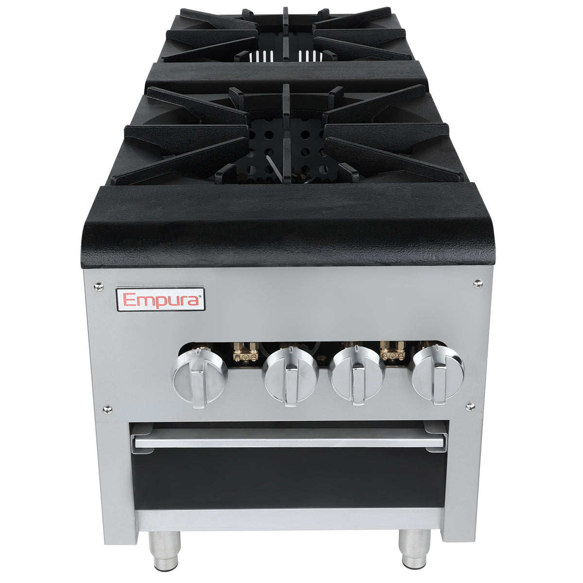 A commercial Empura stainless steel natural gas stock pot range with four black cast iron burners, silver control knobs, and the Empura logo on the front. It features a rectangular design, short metal legs, and a lower oven or storage section.