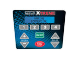 Rectangular blender control panel with a blue patterned background. At the top, it reads Waring Commercial XTREME High-Power Blender. Digital display, number buttons 1-4, speed arrows, ON/OFF, START/STOP, Max, Pulse, and Norm buttons are included.