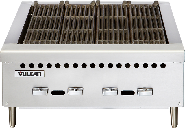 A Vulcan VCRB25 countertop charbroiler with four control knobs, heavy cast iron grates, vent holes above the knobs, and sturdy legs—a robust gas charbroiler designed for professional kitchen grilling.