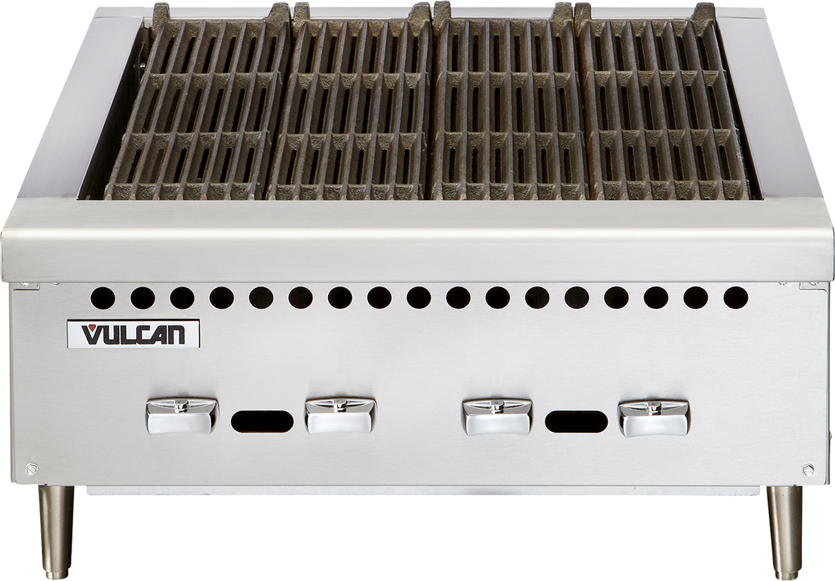 The Vulcan VCRB25 countertop gas charbroiler features four control knobs, two ventilation rows, sturdy legs, and heavy-duty grates. The Vulcan logo is on the left front, making this charbroiler ideal for commercial kitchens.