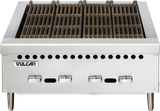 The Vulcan VCRB25 countertop gas charbroiler features four control knobs, two ventilation rows, sturdy legs, and heavy-duty grates. The Vulcan logo is on the left front, making this charbroiler ideal for commercial kitchens.