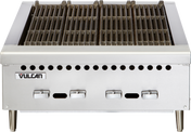 This Vulcan gas countertop charbroiler features four control knobs, raised grates, air vents, and sturdy legs. With a clean, unused grill surface and durable stainless steel build, it’s perfect for busy commercial kitchens.