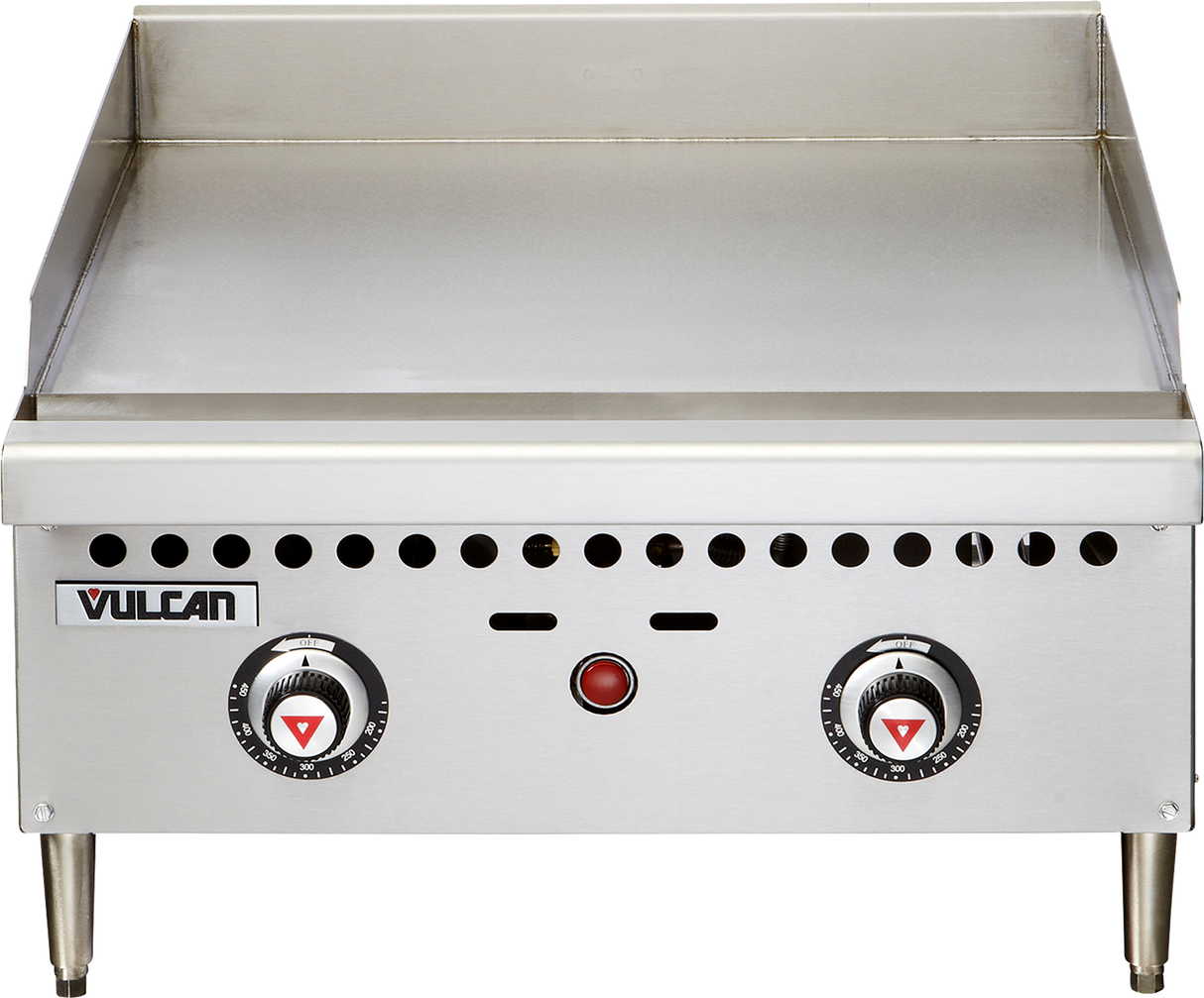 A Vulcan VCRG24-T countertop gas griddle with a polished steel griddle plate, two control knobs, a red power indicator, raised backsplash on three sides, stands on four metal legs, and features ventilation holes along the front panel.