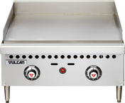 A Vulcan VCRG24-T countertop gas griddle with a polished steel griddle plate, two control knobs, a red power indicator, raised backsplash on three sides, stands on four metal legs, and features ventilation holes along the front panel.