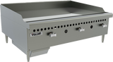 A large Vulcan VCRG36-M 36 inch griddle with a stainless steel finish, three front control knobs, ventilation holes, and raised back and side edges. This countertop gas griddle stands on four sturdy legs for reliable support.