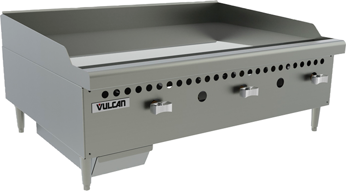 A large 36 inch griddle with a polished steel griddle plate, featuring three control knobs, ventilation holes, raised back and side splashes, and a Vulcan logo on the front left. This sturdy griddle countertop gas unit stands on four robust legs.