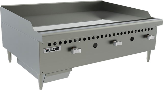A large 36 inch griddle with a polished steel griddle plate, featuring three control knobs, ventilation holes, raised back and side splashes, and a Vulcan logo on the front left. This sturdy griddle countertop gas unit stands on four robust legs.