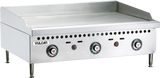 A 36 inch stainless steel countertop gas griddle with a polished steel griddle plate, three control knobs, indicator lights, and ventilation holes. The flat surface features raised back and side splash guards, four sturdy legs, and the Vulcan brand name.