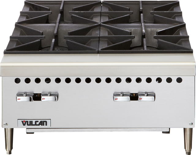 A commercial Vulcan stainless steel gas countertop hotplate with four heavy-duty cast iron burners, front-mounted control knobs, ventilation holes, and a Vulcan logo on the lower left corner. The appliance stands on four short legs.