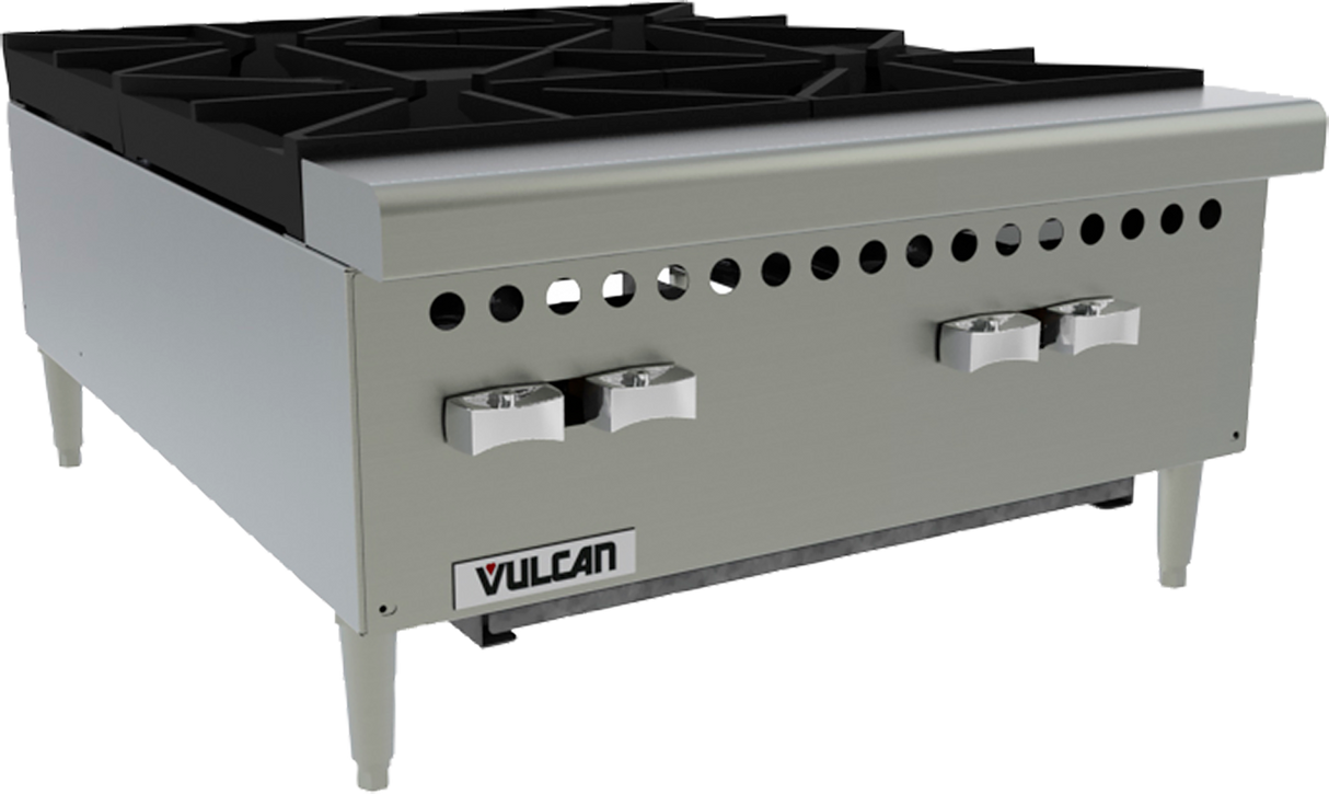 A commercial stainless steel gas hotplate with two large black cast iron burners on top, two silver control knobs below, ventilation holes along the front, and the Vulcan logo on the lower panel. The countertop hotplate stands on short legs.