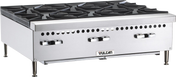A commercial stainless steel Vulcan VCRH36 countertop gas hotplate, featuring two large burners with heavy cast iron grates, four control knobs, ventilation holes, and sturdy legs—designed for professional kitchen use.