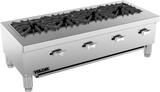 A commercial stainless steel gas countertop hotplate features four large black cast iron burners, each controlled by a front knob. The range stands on four short legs and has a Vulcan brand logo on the lower left corner.