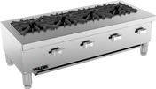 A commercial stainless steel gas countertop hotplate features four large black cast iron burners, each controlled by a front knob. The range stands on four short legs and has a Vulcan brand logo on the lower left corner.