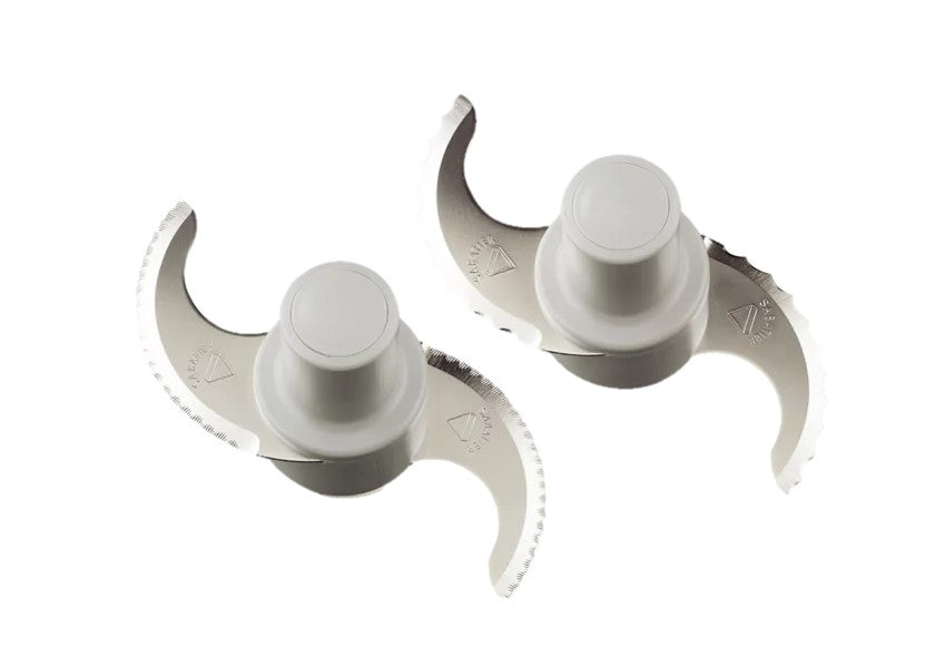 Two stainless steel blades designed for the Robot Coupe R101P Combination Food Processor feature smooth and serrated edges with white plastic centers, showcasing versatile vegetable prep functions on a white background.