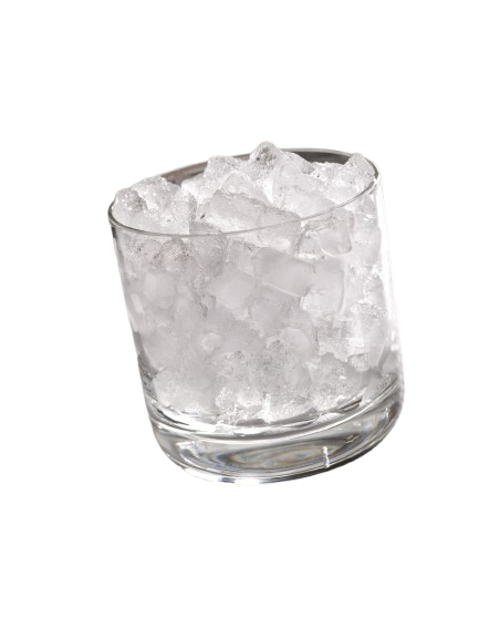 A clear, short glass filled to the brim with small, cubelet-style ice cubes sits slightly tilted against a white background. The ice appears cold and frosty, as if freshly made from an ice maker.