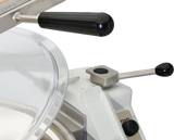 Close-up of a Hobart Cutter Mixer food slicer showing a black-handled lever and a metal lever with a black knob. A clear plastic safety guard covers the blade area, and a rectangular “START” button is visible on the white base.